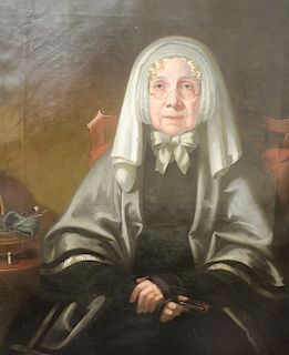William Brown (19th century), oil on canvas, portrait of a woman wearing a bonnet, illegible writing on back, 1858, 36" x 29"