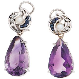 An amethyst, cultured pearl, diamond and sapphire 14K white gold pair of earrings.