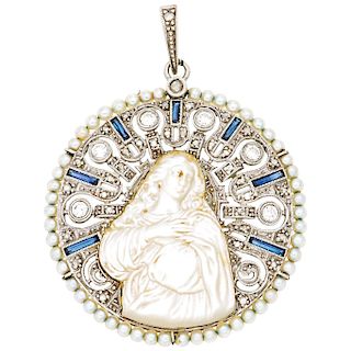 A mother-of-pearl, diamond, sapphire and cultured pearl 18K white gold religious medal.