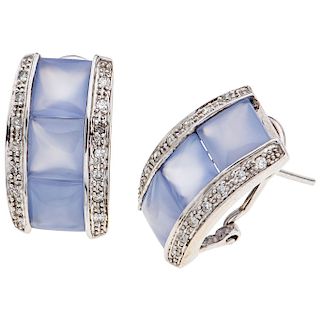 A chalcedony and diamond 14K white gold pair of earrings.