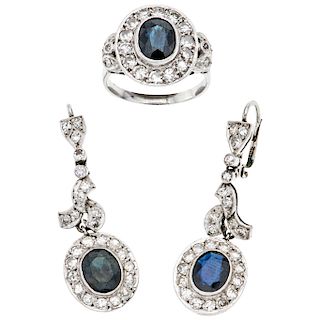 A sapphire and diamond palladium silver ring and pair of earrings set.