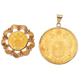 A 18K yellow gold pendant and 14K yellow gold pendant/brooch with 21.6K yellow gold coins.