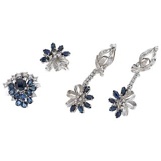 A sapphire and diamond 10K white gold ring and pair of earrings set and palladium silver ring.