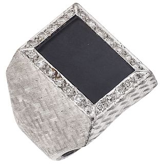 An onyx and diamond palladium silver ring.
