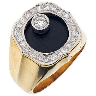 An onyx and diamond 14K yellow gold ring.