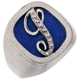 A lapis lazuli and diamond palladium silver ring.