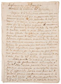 El Pensador Mexicano (José Joaquín Fernández de Lizardi). Suplemento al Pensador. Lunes 13 de Sept. de 1813. Manuscrito autógrafo.