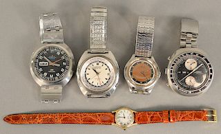 Five wristwatches to include Seiko World Time, Seiko Chronograph Automatic, Seiko Sports, Seiko Quartz, and Mido multifort.