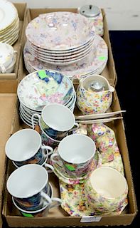 Two box lots to include group of china including seven mottahedeh cups and saucers along with Spode, eight Wedgwood plates, and flora...