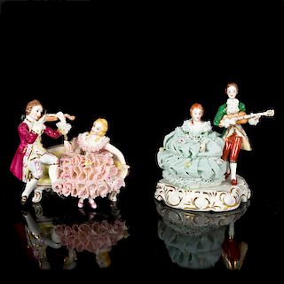 SET OF TWO IRISH DRESDEN EMERALD AND PINK FIGURINES