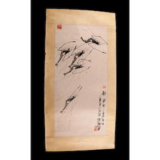 CHINESE PRINT SCROLL, IN THE STYLE OF QI BAISHI, SHRIMPS OF HAPPINESS