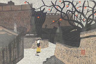 Pair of Kiyoshi Saito (1907-1997) wood block prints, Village scene persimmon tree, Temple with persimmon tree, sight size 11' x 16".