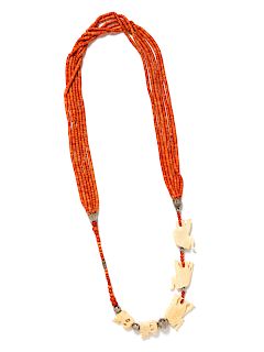 Bone and Orange Bead Elephant Motif Necklace, 1980-90s