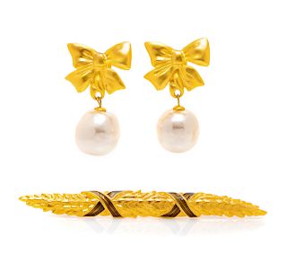 Karl Lagerfeld Faux Pearl Earclips and Brooch, 1980s 