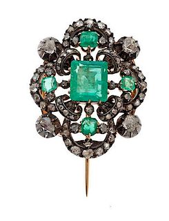 G.I.A. Certified Early 19th Century Gold and Silver Emerald and Diamond Pin 