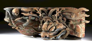 19th C. Chinese Painted Wood Dragon Lintel