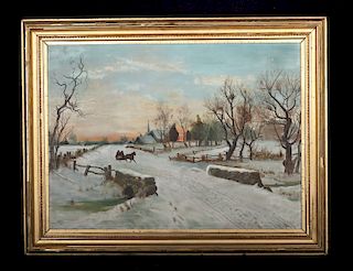 Framed 19th C. American Painting - Winter Sleigh Ride