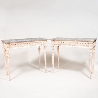 Pair of Italian Neoclassical Style Painted Consoles with Faux Marble Tops