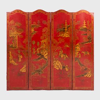 Chinoiserie Japanned and Parcel-Gilt Four Panel Screen