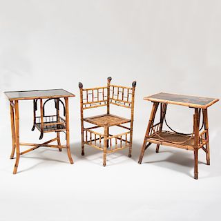 Two Faux Bamboo and Lacquer Tables and a Faux Bamboo Corner Chair