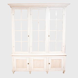 Swedish Neoclassical Style White Painted Cabinet with a Triple Glazed Upper Section