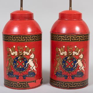 Pair of Red Painted Tea Canisters Mounted as Lamps