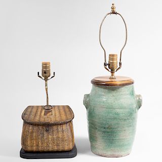 Huntly & Palmer Creel Form Biscuit Tin and a Pottery Crock Each Mounted as Lamps