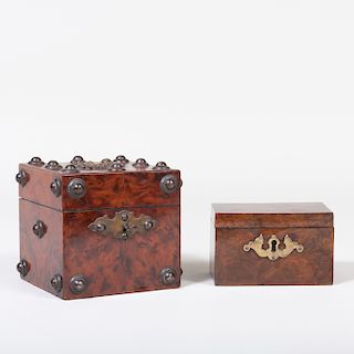 Continental Brass-Mounted and Burlwood Teacaddy and a Brass-Mounted Burlwood Table Box