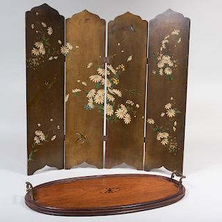George III Style Wood Tray and Victorian Painted Four Panel Firescreen