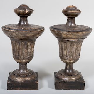 Pair of Grey Painted and Silver-Gilt Wood Finials