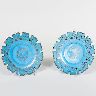 Pair of Continental Blue Glass and Gilt Highlighted Plates