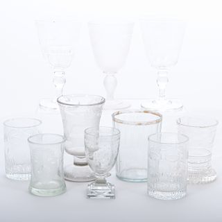 Group of Nine Etched Glasses