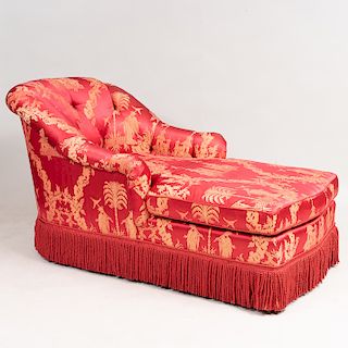 Red Damask Chaise Lounge with Fringe Apron