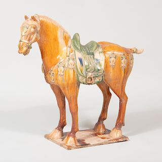 Chinese Tang Style Glazed Pottery Figure of a Caparisoned Horse