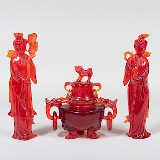Three Chinese Composite 'Cherry Amber' Objects