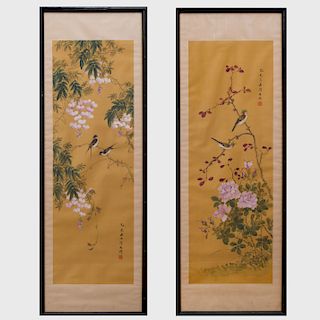Chinese School: Birds on Branches, Two Scroll Paintings