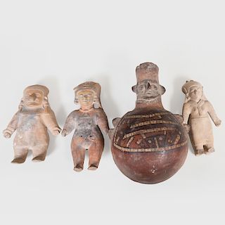 Three Jama Coaue Pottery Figures and Painted Pottery Vessel 