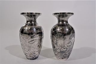 Pair of Sterling Silver Japanese Diminutive Vases