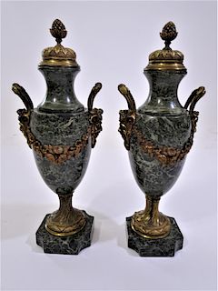 Pair French Green Marble Gilt Cassolettes