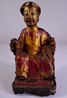 Early Polychrome Gilt Carved Wood Chinese Emperor