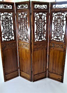 Antique Chinese Finely Carved Wooden 4 Panel Wall