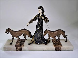 Signed French Art Deco Bronze & Marble Lady w Dogs