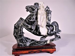 Chinese Carved Stone Man Riding Horse, Wooden Base