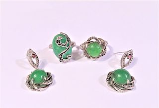 A pair of Earrings & 2 Rings w Green Inset Stones