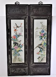 Pair  Large Chinese Framed Porcelain Floral Tiles