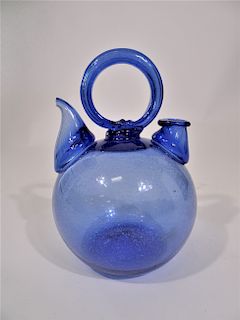 Clear Blue Glass Vase with Handle and Spout