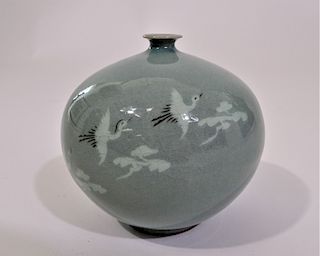 Chinese Style Green Vase with Birds, Marked