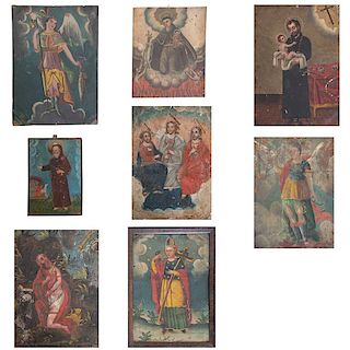 Lote de imágenes sacras. México, siglo XX. Óleos sobre lámina. Una con marco. Diferentes iconografías y formatos. Piezas: 8