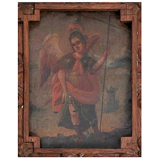 Anónimo. Arcángel. México, finales del siglo XIX. Óleo sobre lámina. Marco de madera tallada. 29 x 20.5 cm