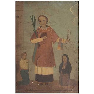 Anónimo. San Antonio con donantes. México, siglo XX. Óleo sobre lámina. Con marco. 35 x 24 cm